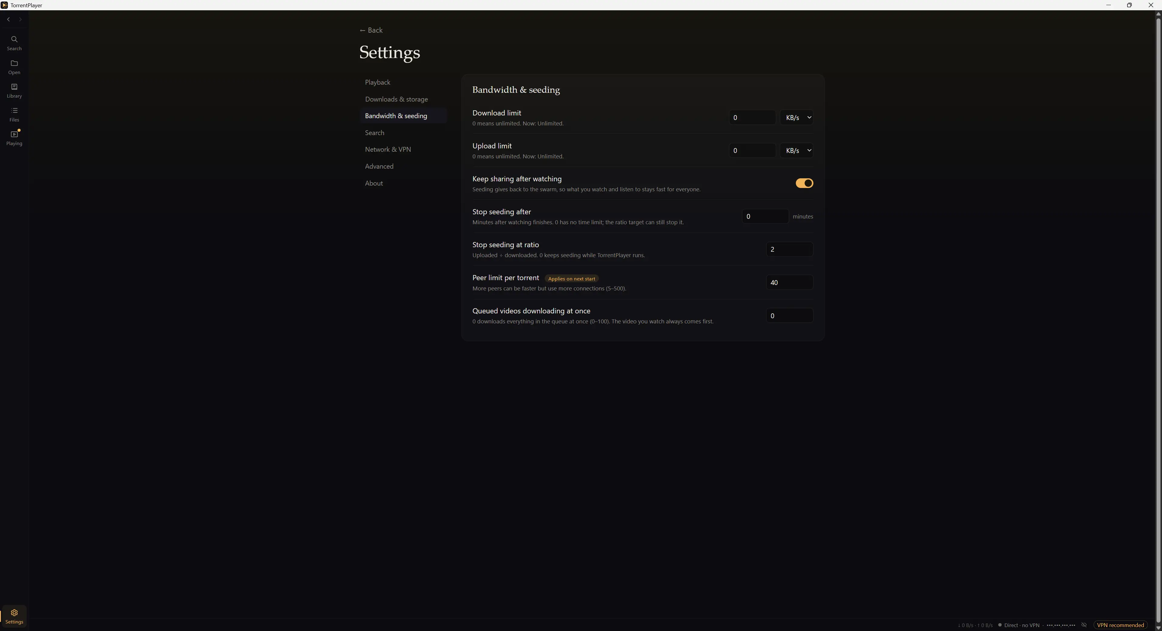 TorrentPlayer settings to limit upload and download speeds, manage seeding, and define the number of BitTorrent connections