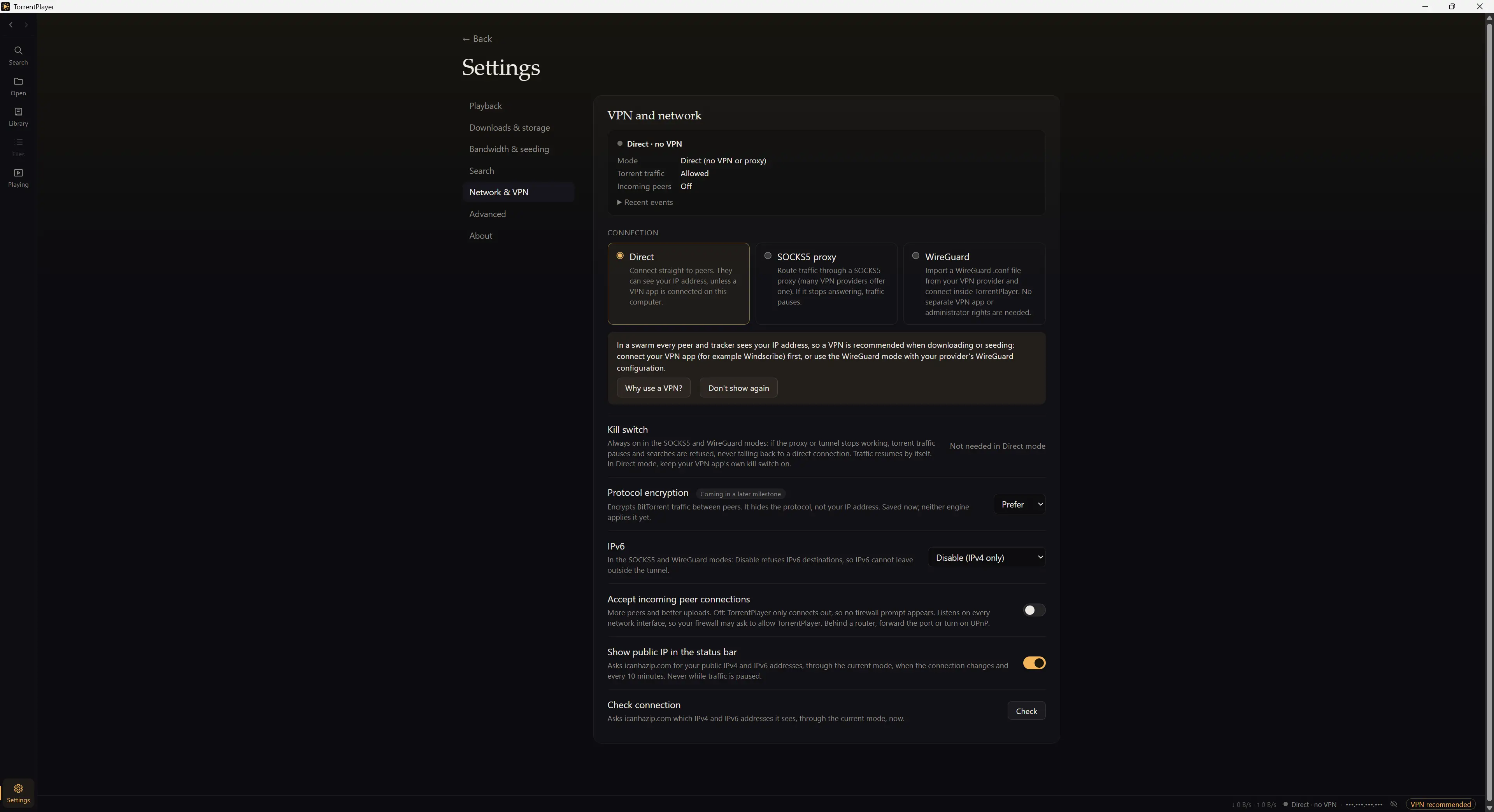 TorrentPlayer network settings with direct connection, SOCKS5 and WireGuard proxy mode, as well as security and privacy options