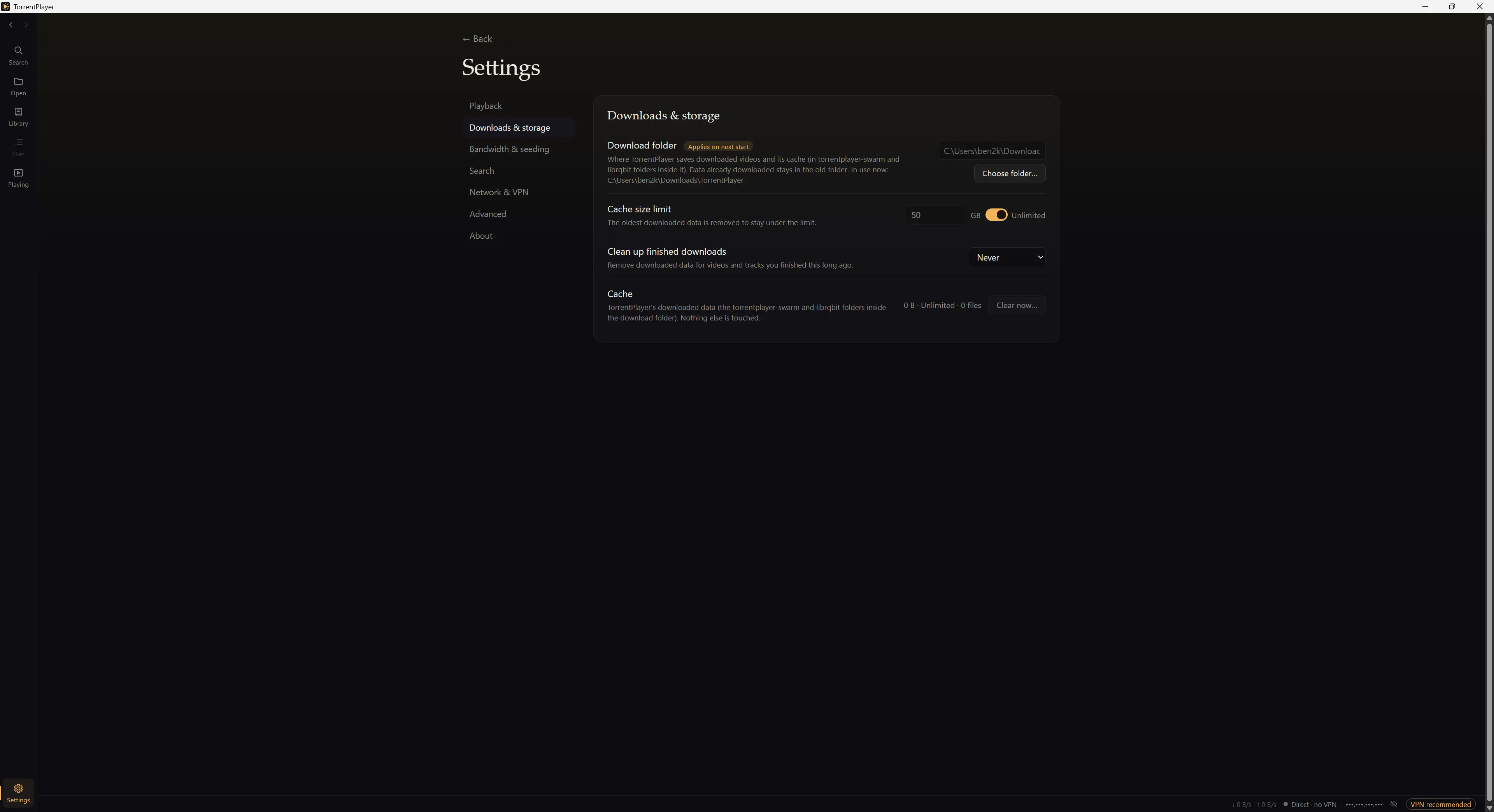 Setting up TorrentPlayer to limit upload and download speeds, manage seeding, and set the number of BitTorrent connections