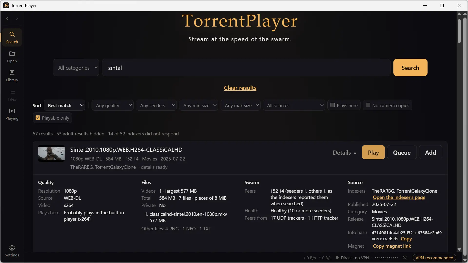 Search results on TorrentPlayer for Sintel movies, including quality filters, seeders, file sizes and BitTorrent source information