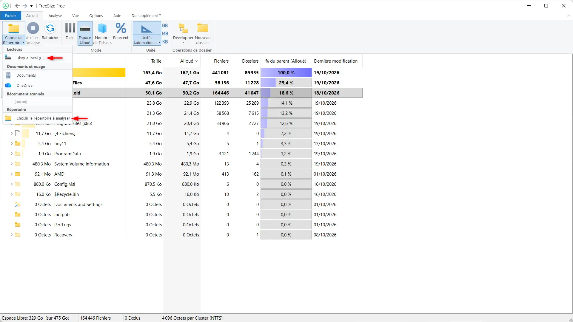 TreeSize Free menu that allows you to select a disk or folder to analyze