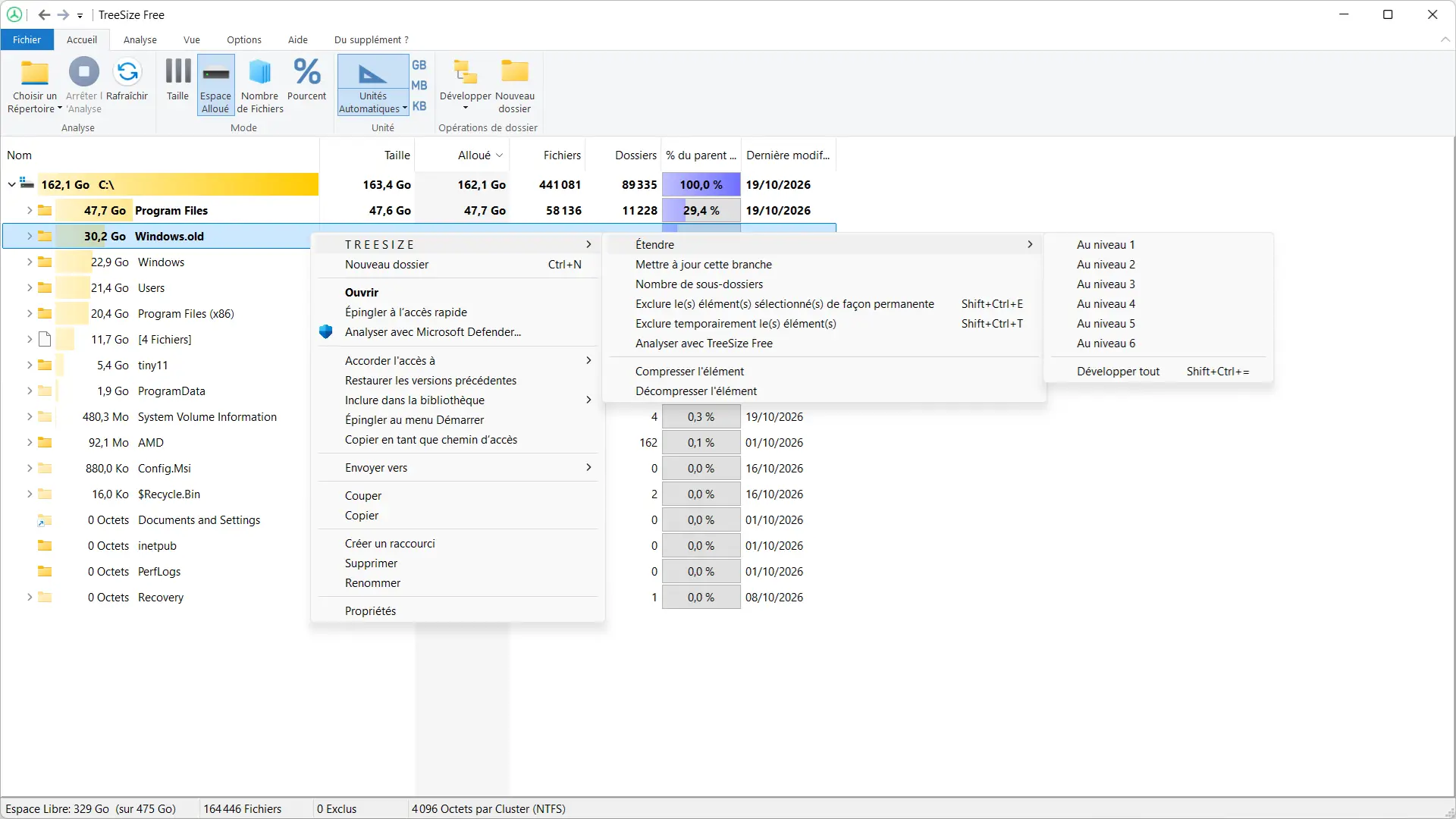 TreeSize Free context menu showing options to expand the tree, refresh analysis, and manage folders.