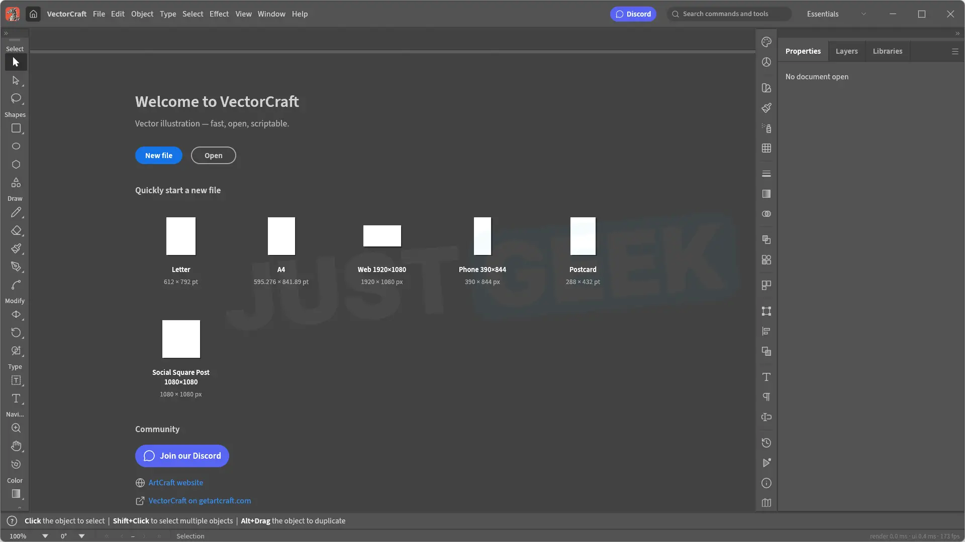 VectorCraft interface, free and open source vector drawing software inspired by Adobe Illustrator
