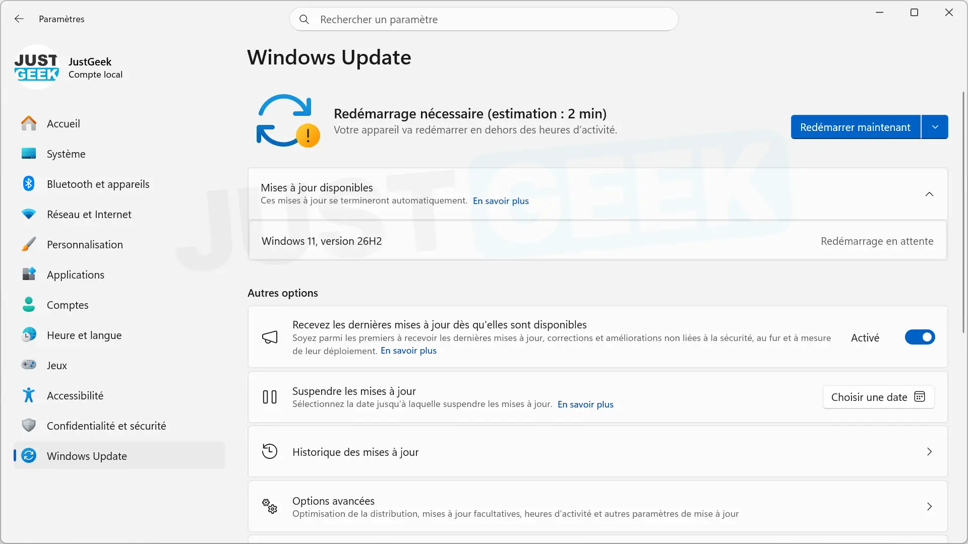 Windows Update asks to restart the PC to complete the installation of Windows 11 26H2