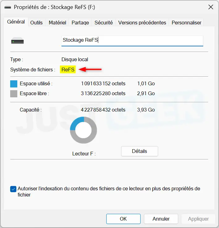 Properties of a volume in Windows 11 showing ReFS as a file system