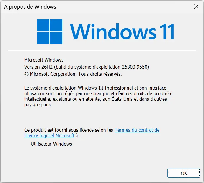 Winver window showing Windows 11 version 26H2