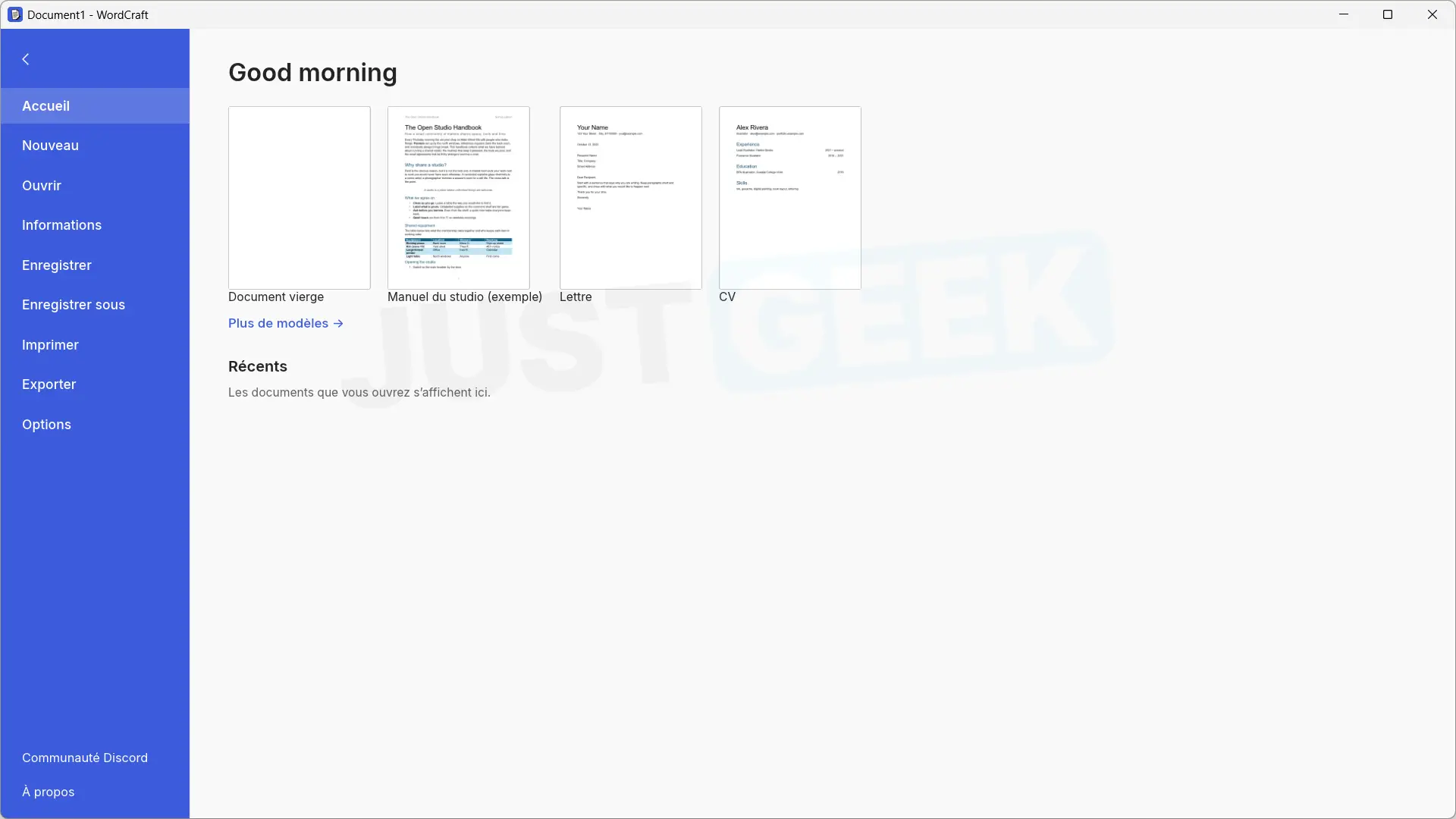 WordCraft home screen with available document templates, including a letter and resume