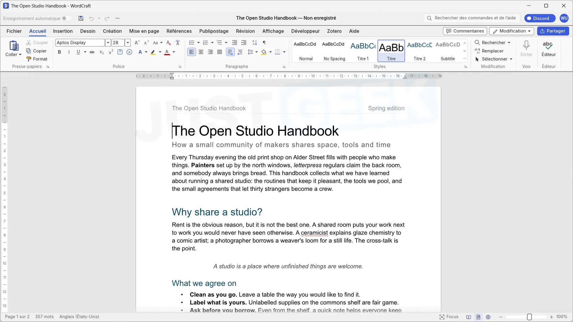 WordCraft interface showing a document edited with a Microsoft Word-like tool ribbon