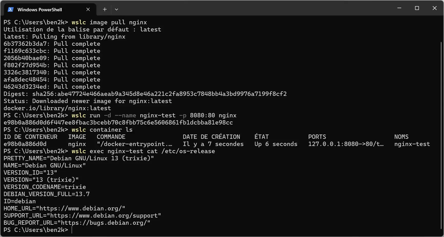 Launching an Nginx container on Debian 13 with WSL containers in PowerShell